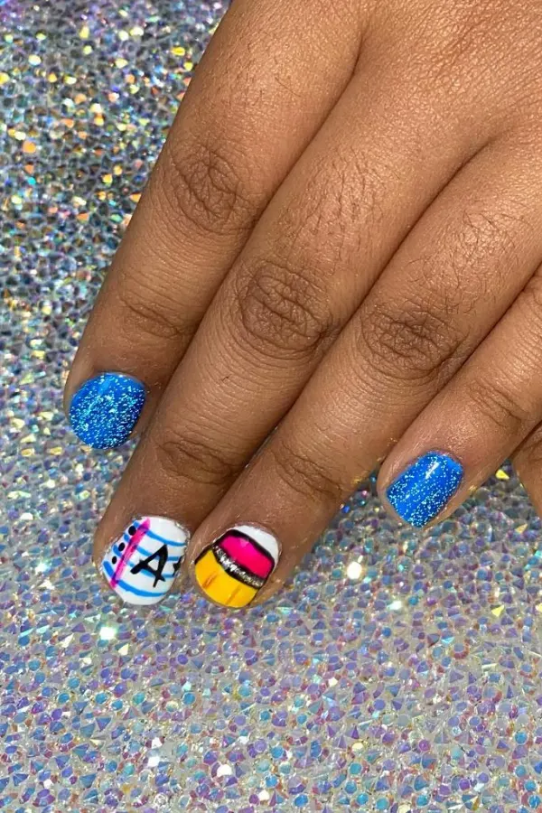Blue Glitters Back to School Manicure