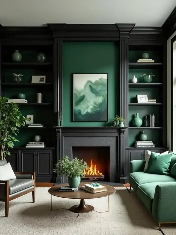 Bold Built Ins with Green Backing