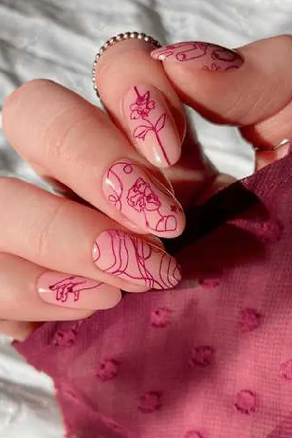 37. Glam Fall Wedding Nail Ideas For Guests & Bride That Look Great in Every Photo 17 Burgundy Line Art Nails for Moody Wedding Themes
