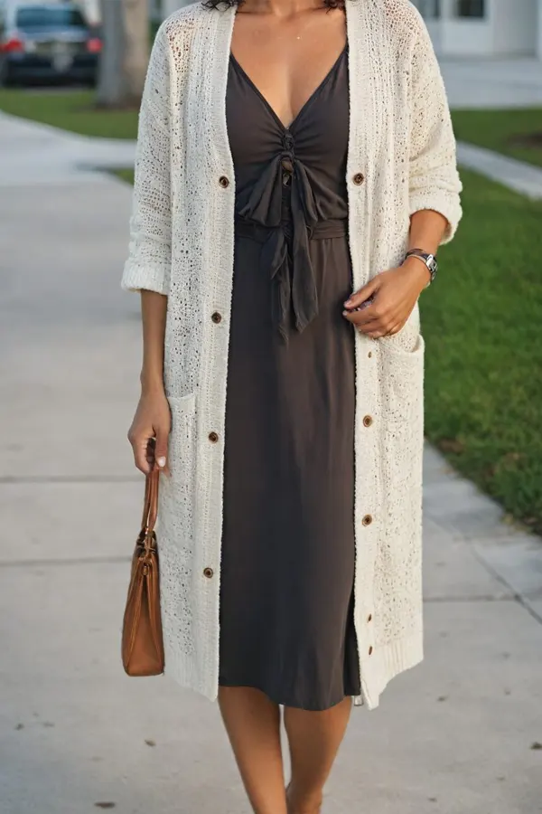 29 Classy Fall Outfits For Women Over 40 & 50 That Prove Age Has No Fashion Limits 13 Cardigan Over Slip Dress for Effortless Elegance