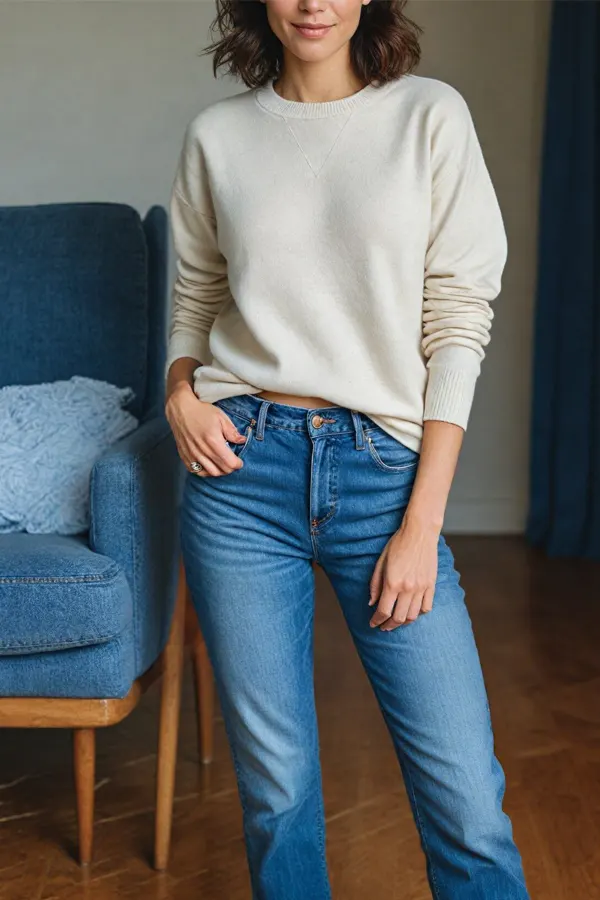 29 Classy Fall Outfits For Women Over 40 & 50 That Prove Age Has No Fashion Limits 27 Cashmere Crewneck and High-Waisted Jeans