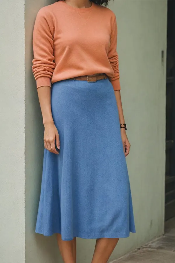 29 Classy Fall Outfits For Women Over 40 & 50 That Prove Age Has No Fashion Limits 17 Cashmere Sweater and A-Line Skirt for Polished Comfort