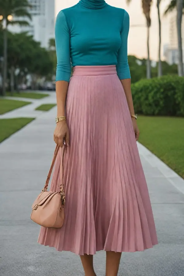 29 Classy Fall Outfits For Women Over 40 & 50 That Prove Age Has No Fashion Limits 6 Cashmere Turtleneck and Pleated Midi Skirt for Effortless Sophistication