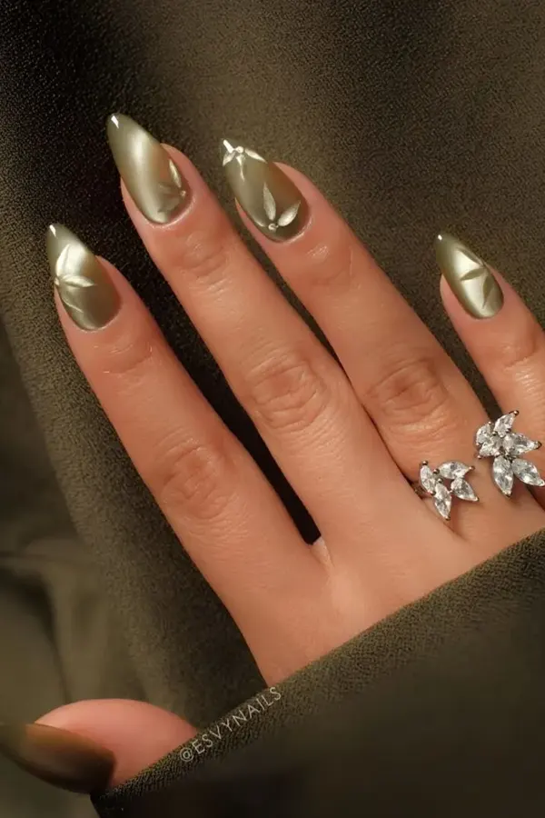 Cat-Eye Floral Olive Nails