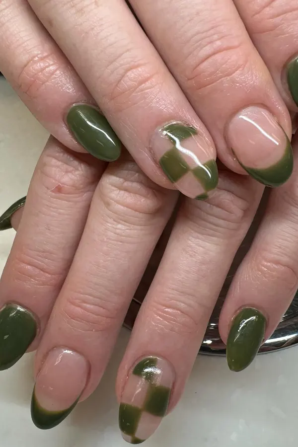 Checkerboard Olive Green Almond Nails