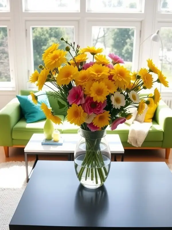 29 Green Couch Living Room Ideas with Bold Style 18 Cheerful Living Room with Fresh Florals