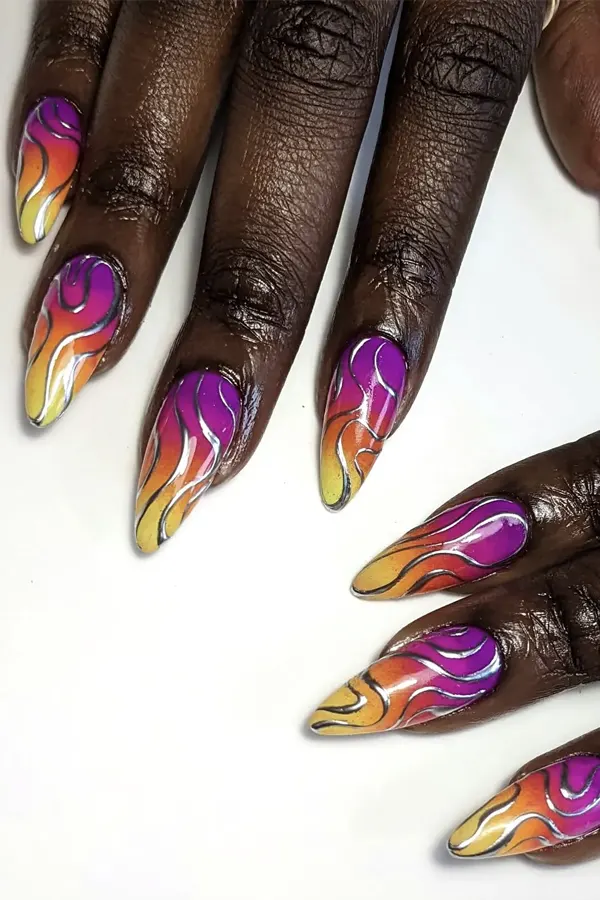 32 Cute Sunset Nails Design Mani Styles That Feel Like Golden Hour 7 Chrome Swirl Sunset Gradient Nails