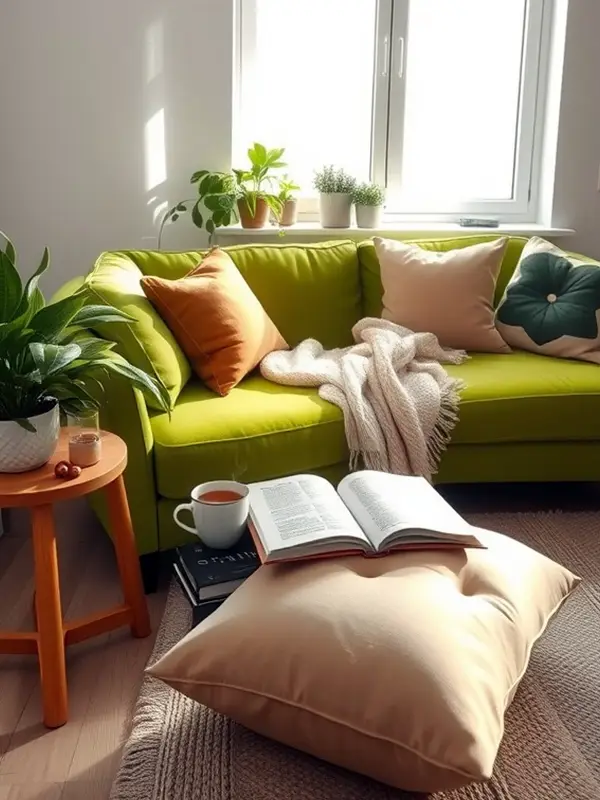 29 Green Couch Living Room Ideas with Bold Style 19 Cozy Reading Corner with Green Couch