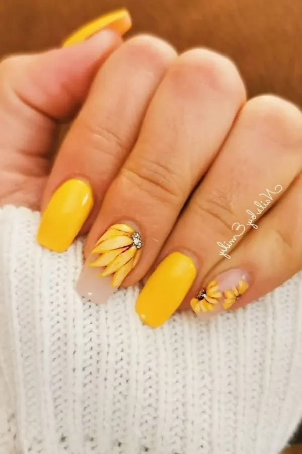 41 Bright and Cheerful Sunflower Nail Designs Ideas You’ll Love to Copy 28 Crystal-Center Sunflower Nails