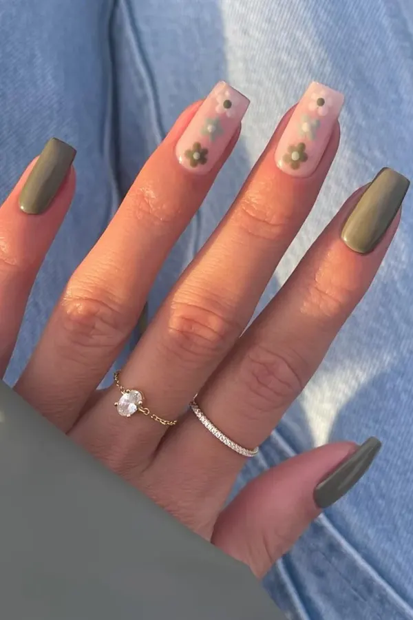 Cute Olive Floral Nail
