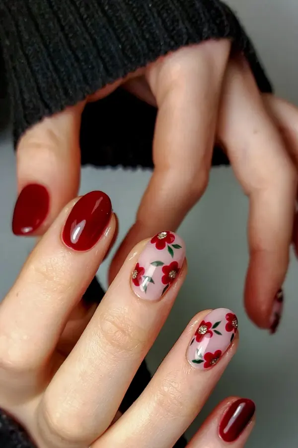 40 Classy Hot Red Nails Inspo Ideas That Never Go Out of Style 5 Cute Red Floral Nails