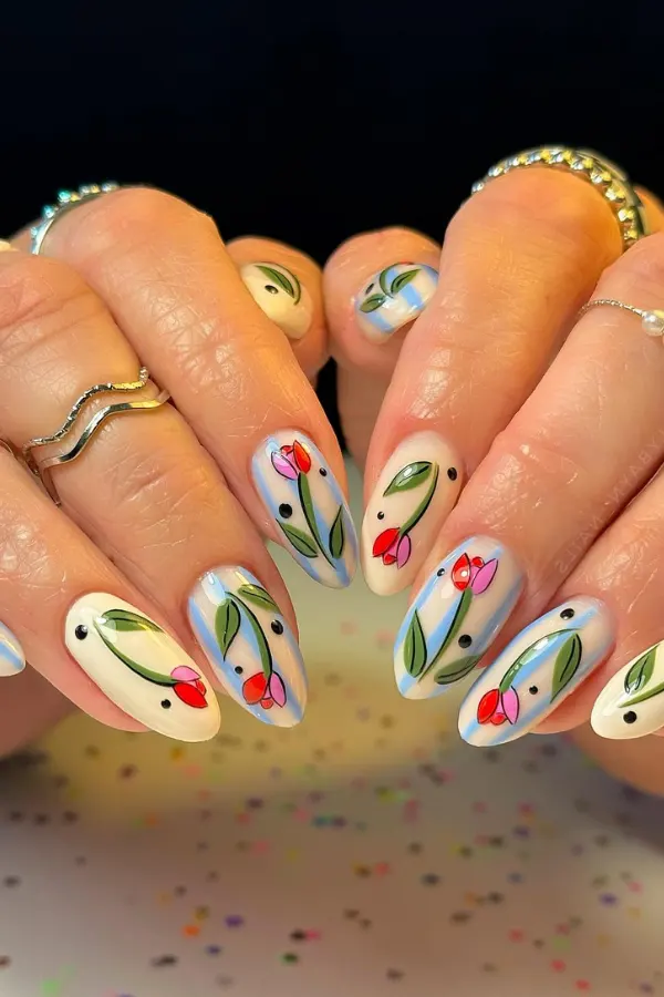 54 Elegant Flower Nail Designs Floral Mani Ideas To Copy This Season 3 Dainty Tulips Nails Art