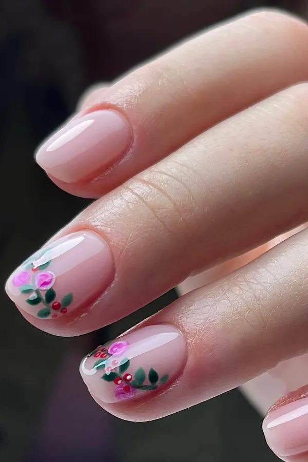 44 Simple Clear Nail Designs For Fresh, Clean, and Modern Mani Look 2 Delicate Pink Roses Floral Nails