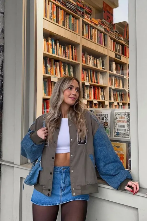 51 Stylish Fall Outfit Ideas for Woman Who Want Comfort and Class 33 Denim Varsity Jacket and Mini Skirt - Autumn Outfit Ideas for Female