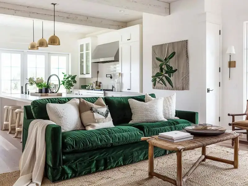 29 Green Couch Living Room Ideas with Bold Style 21 Earthy Open Living Room with Green Sofa