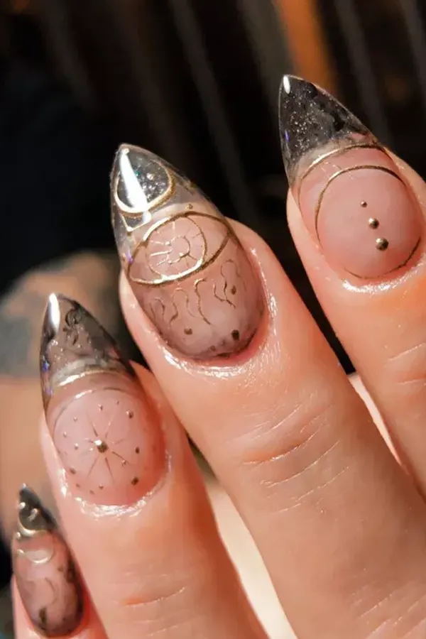 44 Simple Clear Nail Designs For Fresh, Clean, and Modern Mani Look 35 Galaxy Nails with Stars and Black Swirls