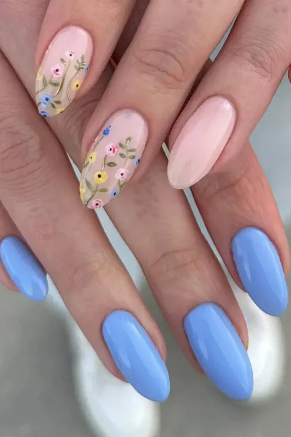 54 Elegant Flower Nail Designs Floral Mani Ideas To Copy This Season 35 Garden-Inspired Pink and Blue Nails