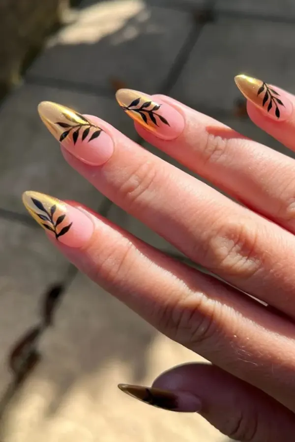 37. Glam Fall Wedding Nail Ideas For Guests & Bride That Look Great in Every Photo 28 Gilded Leafline Nails for Autumn Brides