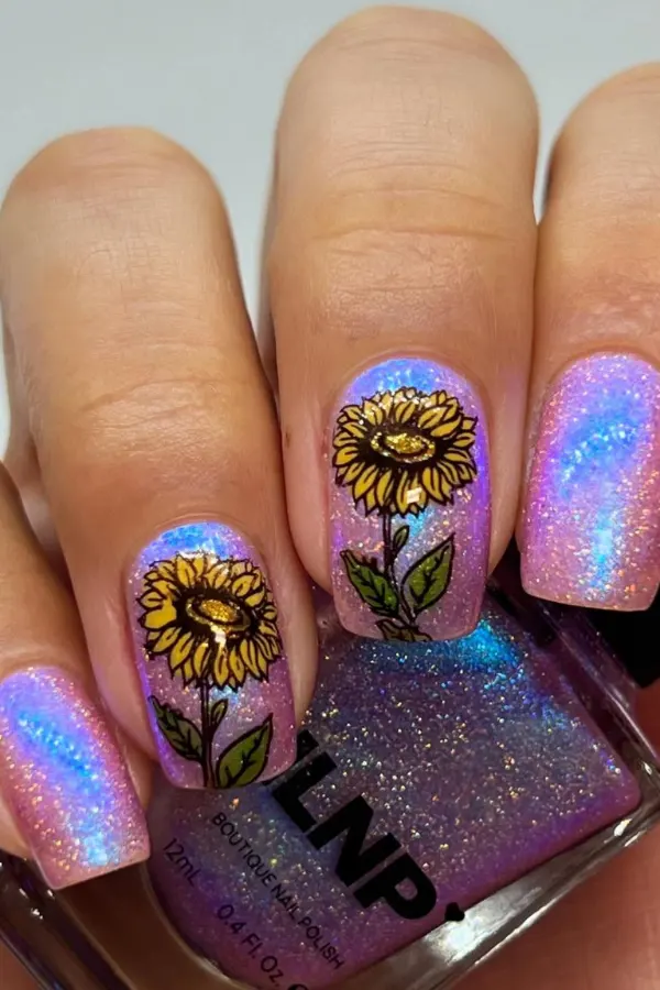 41 Bright and Cheerful Sunflower Nail Designs Ideas You’ll Love to Copy 18 Glam Stamp Sunflower Manicure Design