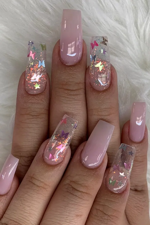 44 Simple Clear Nail Designs For Fresh, Clean, and Modern Mani Look 18 Glitter Encapsulated Acrylic Nails