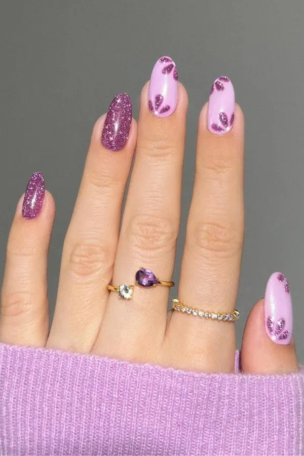 54 Elegant Flower Nail Designs Floral Mani Ideas To Copy This Season 41 Glitter-Kissed Purple Half-Flower Nails