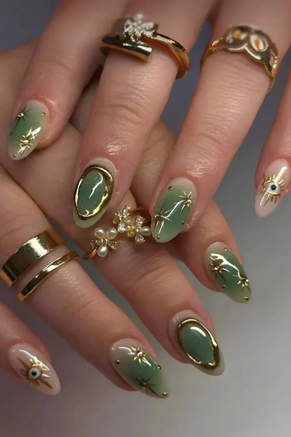 Gold Celestial Olive Aura Nails