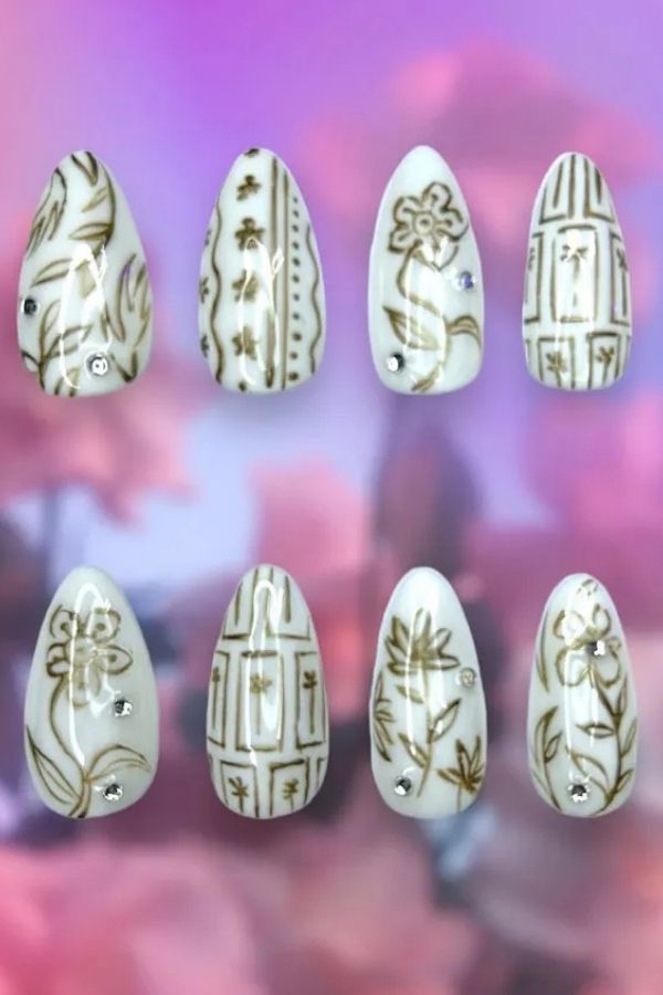 Gold Floral White Nails