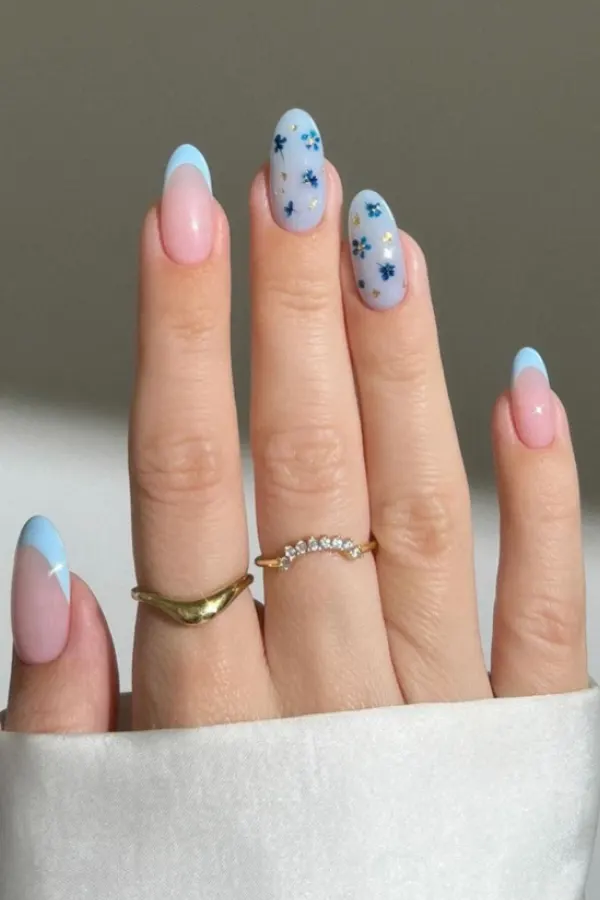 54 Elegant Flower Nail Designs Floral Mani Ideas To Copy This Season 20 Gold Leaf Baby Blue Florals Nails