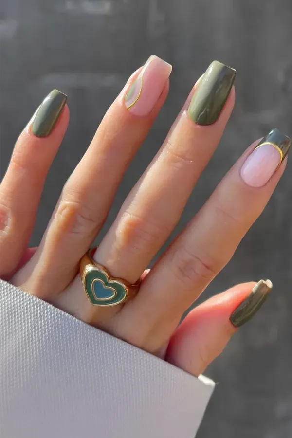 Gold-Outlined Olive Nails Art