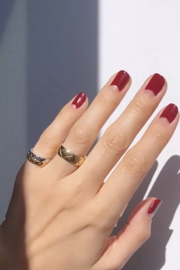 36 Subtle Yet Cute Minimal Nail Designs Mani Ideas You’ll Love to Wear 23 Negative Space Half-Moon Red Nails