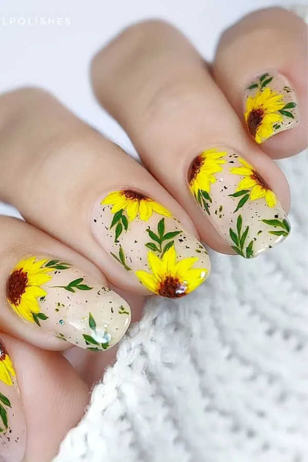 41 Bright and Cheerful Sunflower Nail Designs Ideas You’ll Love to Copy 17 Hand-Painted Sunflower Nails