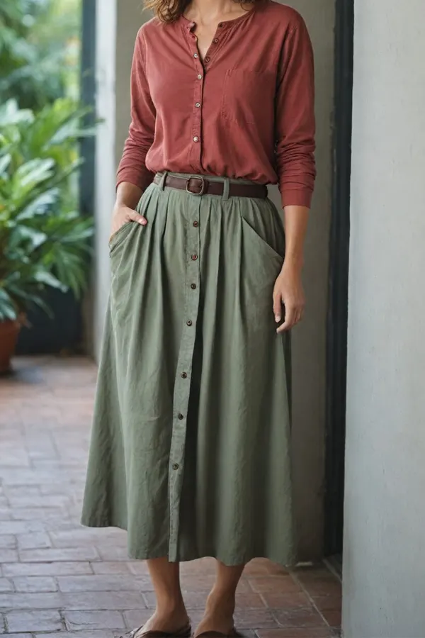 29 Classy Fall Outfits For Women Over 40 & 50 That Prove Age Has No Fashion Limits 19 Henley and Midi Skirt with Pockets for Everyday Ease