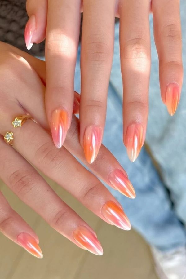 39 Gorgeous Coral Nail Designs Ideas for Short and Long Nails 32 High-Shine Coral Chrome
