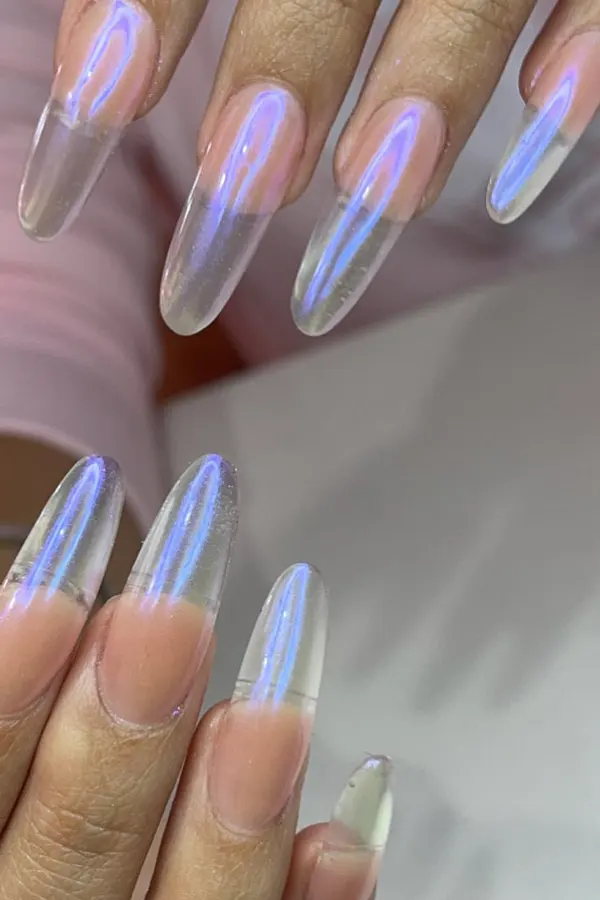 44 Simple Clear Nail Designs For Fresh, Clean, and Modern Mani Look 38 Iridescent Chrome Nails