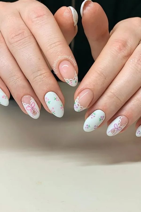 Lace and Floral Coquette Nails