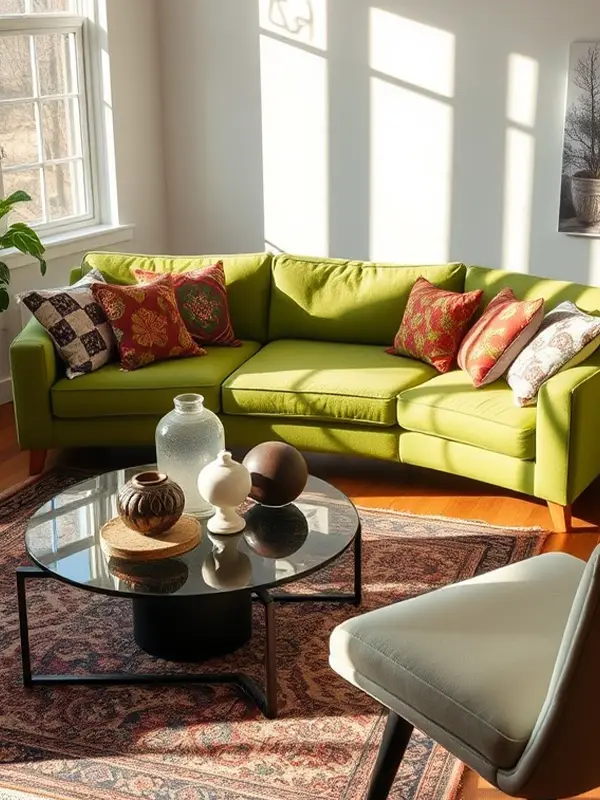 29 Green Couch Living Room Ideas with Bold Style 22 Layered Living Room with Mixed Textures