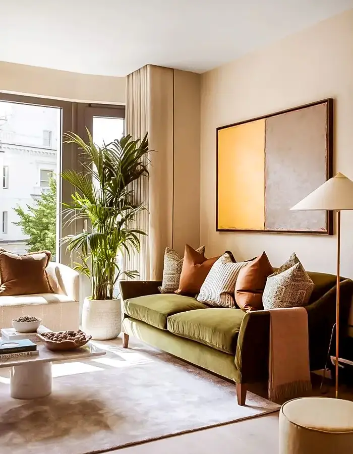 46 Green And Beige Living Room Ideas With Calm Style 34 Layered Neutrals with Green Accents