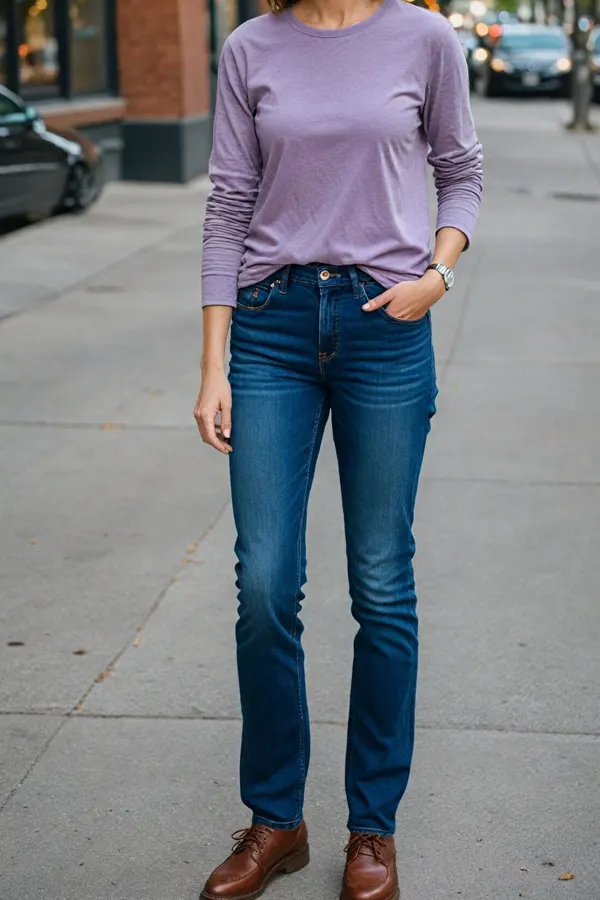29 Classy Fall Outfits For Women Over 40 & 50 That Prove Age Has No Fashion Limits 21 Long Sleeve Tee and Dark Wash Jeans for Classic Fall Style