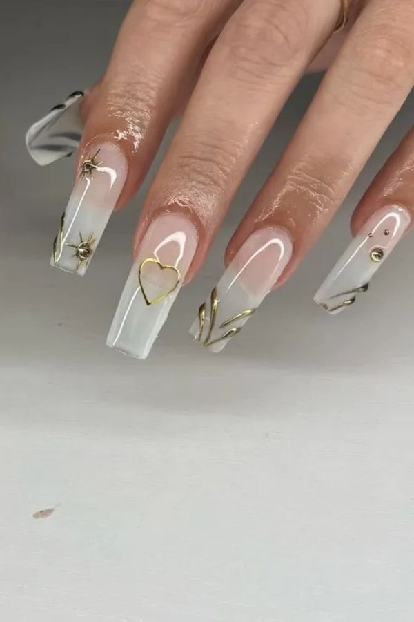 Milky White Gold Nails Design