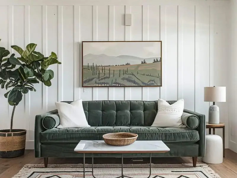 29 Green Couch Living Room Ideas with Bold Style 26 Minimalist Living Room with Vintage Charm