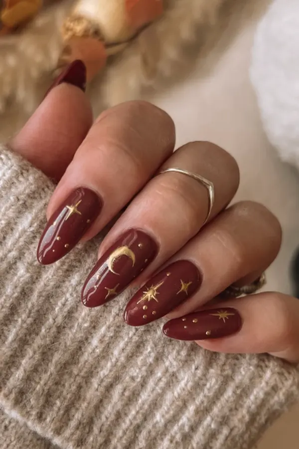 47 Cozy Cute Fall Nails Designs Autumn Mani Ideas You Must Try This Season 16 Mocha Nails with Celestial Accents