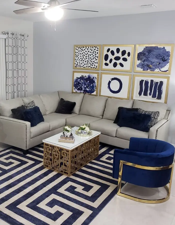 48 Glam Living Room Ideas with Timeless Style 39 Modern Blue And Gold Living Room