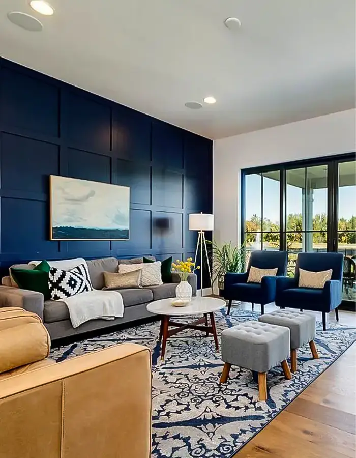 48 Blue Grey Living Room Ideas with Style and Calm 7 Modern Contrast With Paneled Navy