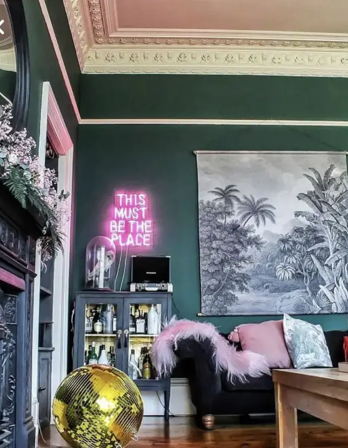 48 Glam Living Room Ideas with Timeless Style 26 Moody Living Room With Neon Pop