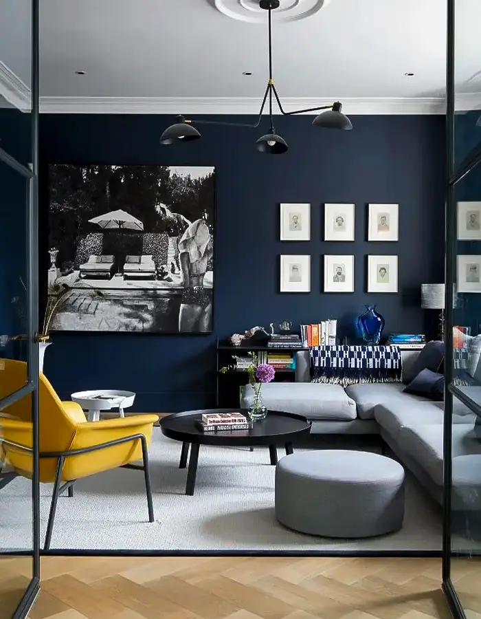 48 Blue Grey Living Room Ideas with Style and Calm 46 Navy and White Living Room With Bold Accent