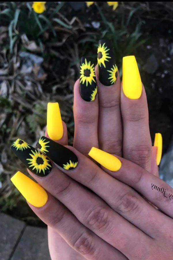 41 Bright and Cheerful Sunflower Nail Designs Ideas You’ll Love to Copy 29 Neon Matte Black Yellow Sunflower Nails