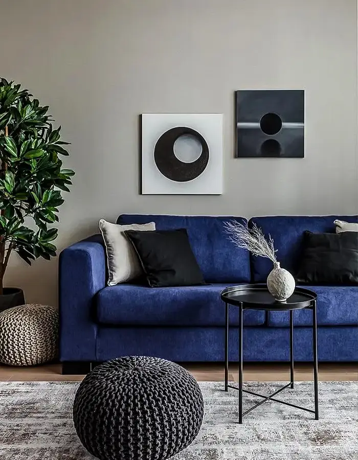 48 Blue Grey Living Room Ideas with Style and Calm 30 Neutral Living Room With Bold Blue Sofa