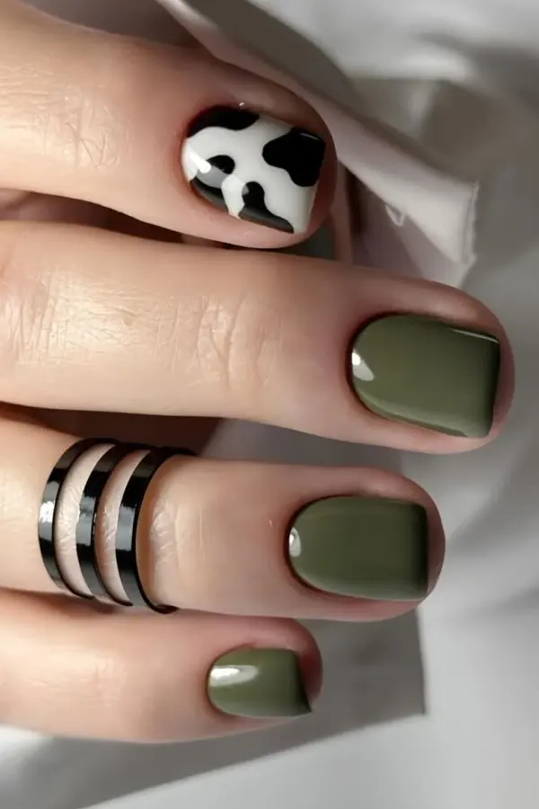 Olive Black Cow Print Manicure