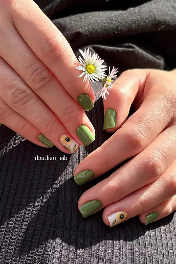 41 Bright and Cheerful Sunflower Nail Designs Ideas You’ll Love to Copy 12 Olive Green Sunflower Manicure
