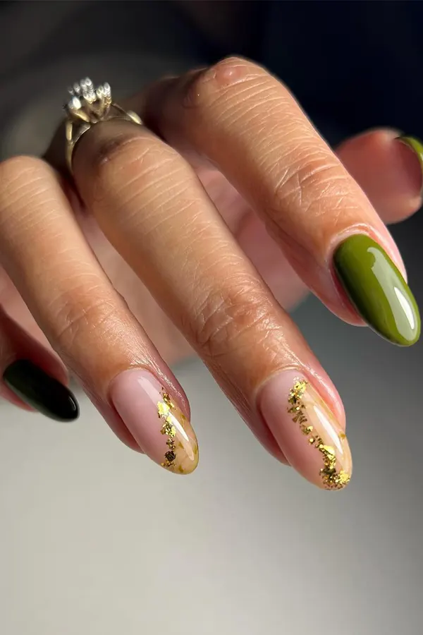 Olive Nails with Glitter Effect